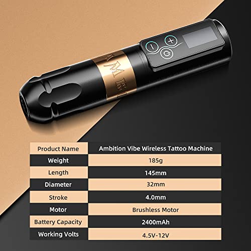 Ambition Vibe Tattoo Machine - Rotary Cartridge Battery Pen with 2400mAh Touch Buttons LED Digital Display Wireless Power Brushless Motor Tattoo Equipment Supply for Professional Artists and Beginners