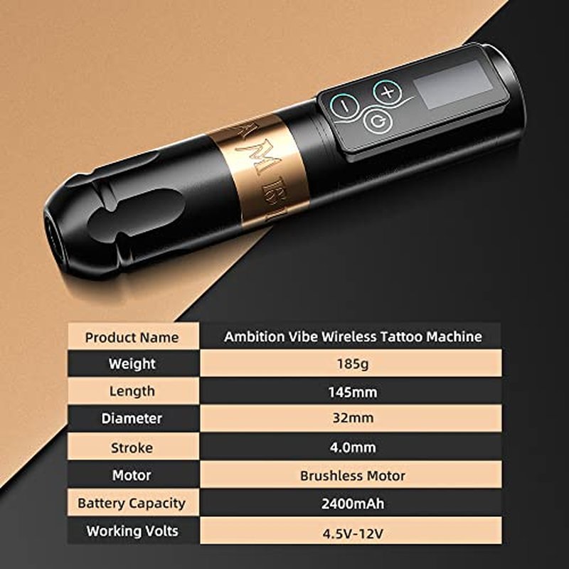 Ambition Vibe Tattoo Machine Rotary Cartridge Battery Pen with Extra 2400mAh Touch Buttons LED Digital Display Wireless Power Brushless Motor Equipment Supply for Professional Artists and Beginners
