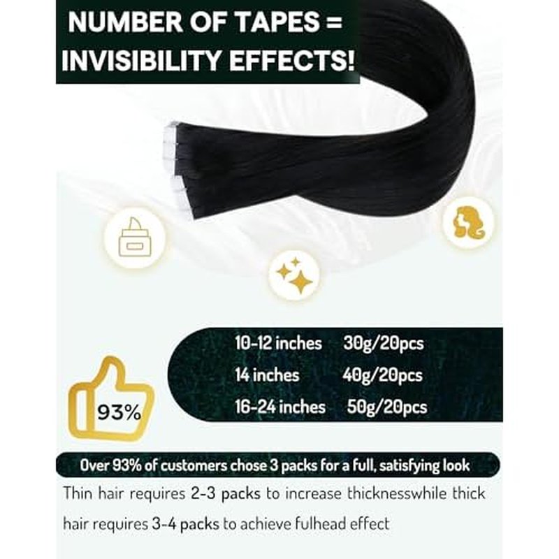 RUNATURE 26 Inch Tape in Hair Extensions Real Human Hair Black Tape in Extensions Human Hair Long Tape ins Black Hair Extensions Straight Remy Hair for Women Double Sided Hair Extension 50g 20pcs