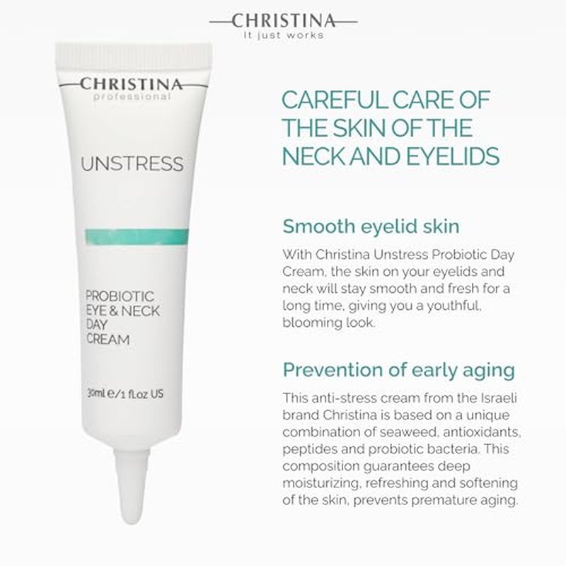 -CHRISTINA- Unstress Probiotic Eye & Neck Day Cream for Face | Peptide Eye Cream Nourishes, Protects, & Soothes Face Skin | Face Moisturizer for Normal, Dry & Sensitive Skin 1 fl. oz (30 ml)