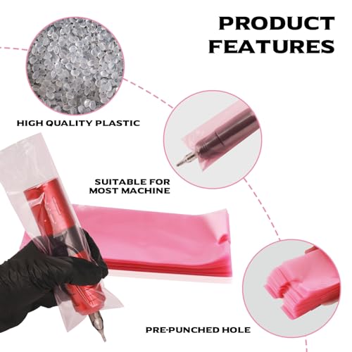 Tattoo Pen Covers Disposable Sleeves 200Pcs Pink Machine Covers 2.5x7.1inch Large Size Fits Most Rotary Machines Durable Plastic Protection