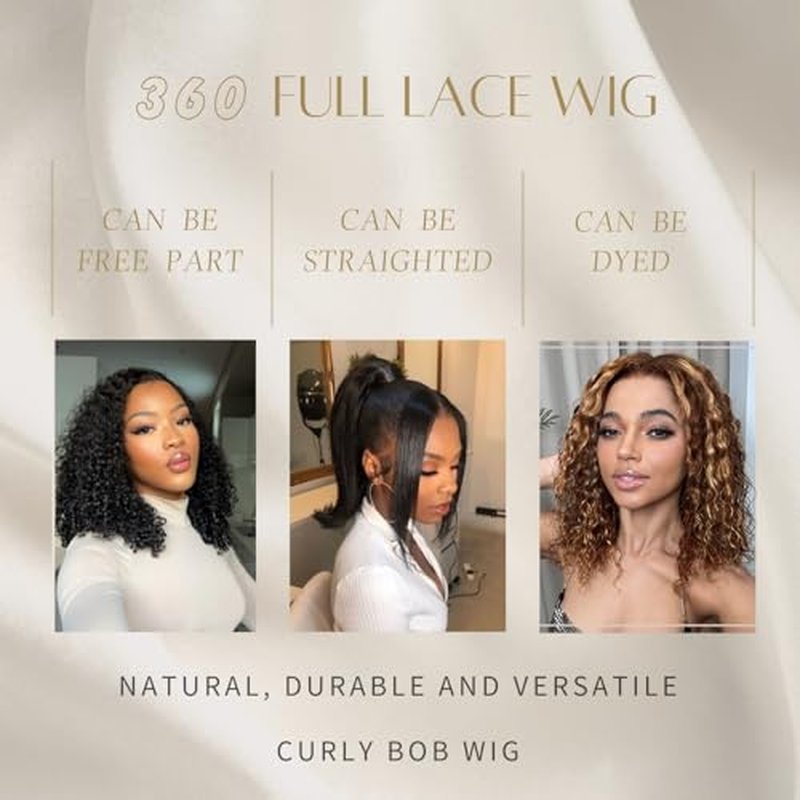 Hidden Strap 360 Deep Wave Lace Front Wigs Human Hair Curly Bob Wig with Drawstring For Black Women Human Hair 360 Glueless Bob Wig Full Lace Human Hair Wigs Pre Plucked Bleached Knots (16 Inch)