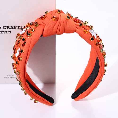 Halloween Headband for Women Spooky Pumpkin Spider Ghost Headband Jeweled Rhinestone Crystal Knotted Headbands Embellished Wide Top Knot Headbands Halloween Hair Accessories Gifts (Ghost&Pumpkin)