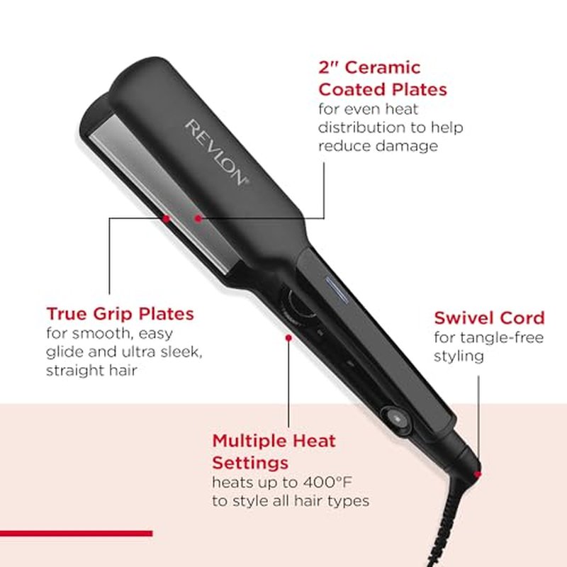 REVLON Ceramic Coated 2" Flat Iron - Fast Heating Hair Straightener for Quick and Smooth Results, Plus Travel Friendly (Black)