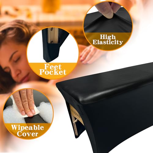 Wipeable Lash Bed Cover Massage Table Cover Waterproof and Reusable Wax Bed Cover for Esthetician, High Elasticity Vegan Leather Tablecloths for 6 FT Rectangular Table (Black)