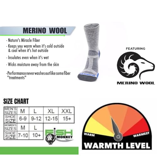 Fish Monkey Heavyweight Boot Crew Fishing and Hunting Merino Compression Wool Socks (XX-Large, Grey)