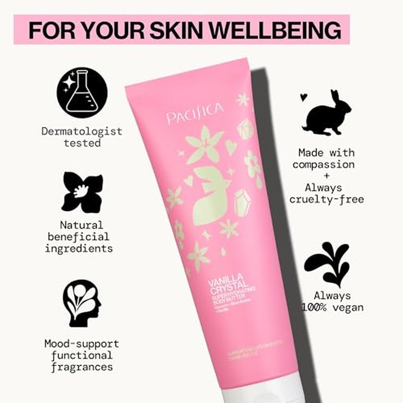 Pacifica Vanilla Crystal Body Butter Lotion ? Super Hydrating Moisturizer for Dry Skin, Rich Shea Butter & Vitamin E Formula, Vegan, Cruelty-Free, Clean Beauty, Vanilla Scent, 6 oz