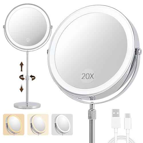 1X/20X Magnifying Makeup Mirror with Lights - 9" Large Dual-Sided Vanity Mirror with 3 Color Lights for Women's Travel Cosmetic Mirror | 3000 mAh-USB Rechargeable | 360¡Æ Rotation | Adjustable Height