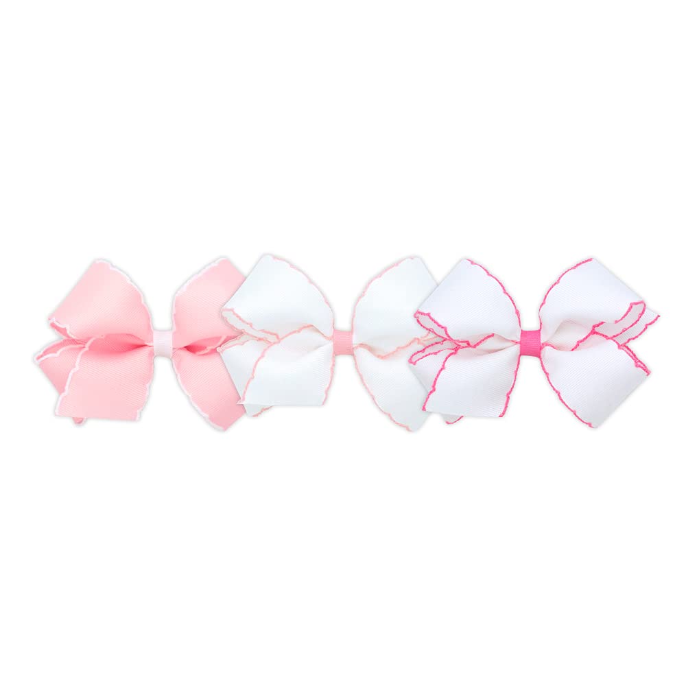 Wee Ones Girls' Medium Moonstitch Grosgrain Bow 3 pc. Variety Pack Set on WeeStay No-Slip Hair Clip