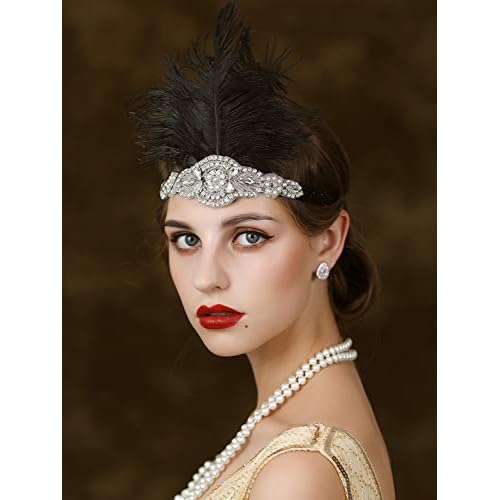 SWEETV 1920s Headpiece Flapper Headband, Rhinestone Feather Great Gatsby Headpiece Hair Accessories for Women (Black)