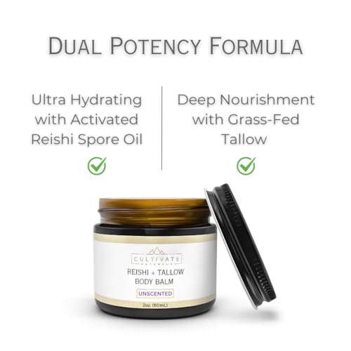 Reishi Tallow Body Balm - Unscented (2 oz) | Grass Fed Beef Tallow - Non-toxic, Paleo Friendly Skincare | Infused with Reishi Spore Extract | Moisturizing & Hydrating for Sensitive Skin