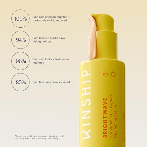 Kinship Brightwave Brightening 10% Vitamin C Serum for Face | Peptide Serum Dark Spot Corrector | Vegan Collagen Anti Aging Skincare | Smooth Fine Lines | Reduce Wrinkles (1 Fl Oz)