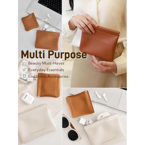 Cosmetic Bags for Women Small Makeup Bag for Purse Pu Leather Makeup Pouch Travel Makeup Bag with Zipper Make Up Bag for Travelling (Brown)