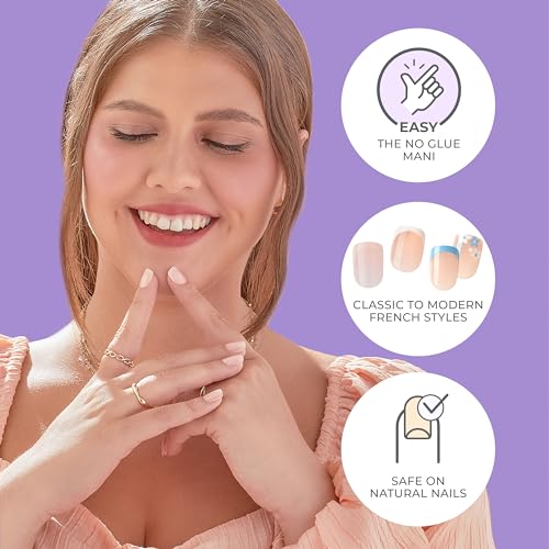 KISS imPRESS No Glue Mani Press On Nails, French, 'Model', Light Neutral + White Tip French, Short Size, Squoval Shape, Includes 30 Nails, Prep Pad, Instructions Sheet, 1 Manicure Stick, 1 Mini File