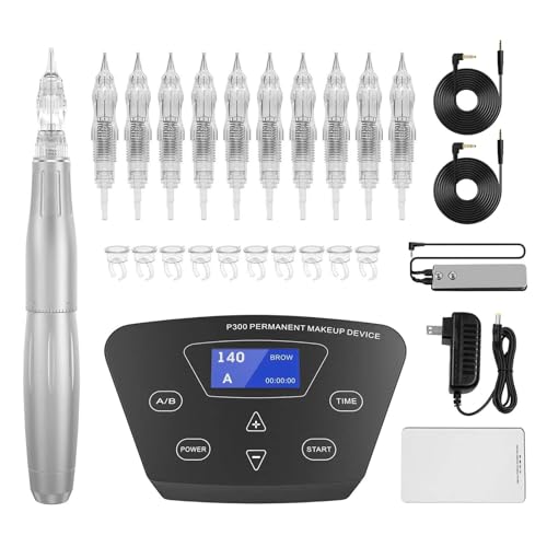 Permanent Makeup Tattoo Machine-BIOMASER Permanent Makeup Eyebrow Tattoo Machine Kit with Foot Pedal Touch Control Power Supply Rotary Tattoo Machine Pen Practice Skin 10pcs Cartridge Needles(Silver)¡¦