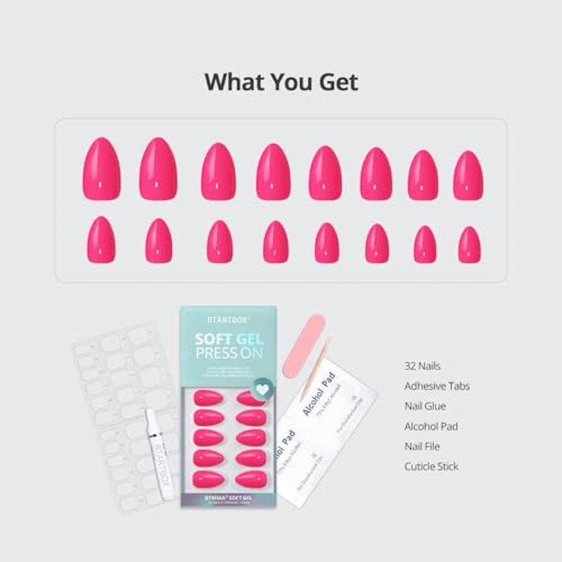 BTArtbox Press On Nails Short - Hot Pink Almond Press On Nails with Glue for Women, Opaque Soft Gel Glue On Nails in 16 Sizes - 32 Stick On Nails Kit, Power Pink