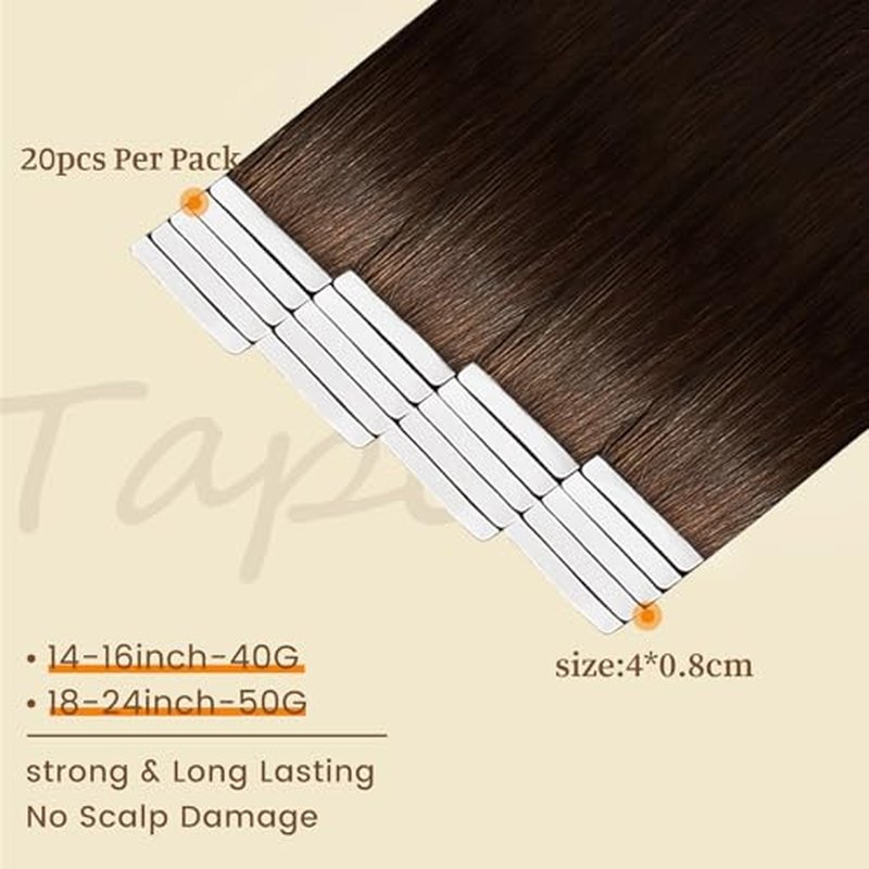 DNE Tape in Hair Extensions Real Human Hair 16 inches 20Pcs/40g/Pack Seamless #2 Dark Brown Dark Color Straight Invisible Double Sided Tape in Hair Extensions for Women/Girls Can Bleached and Curl
