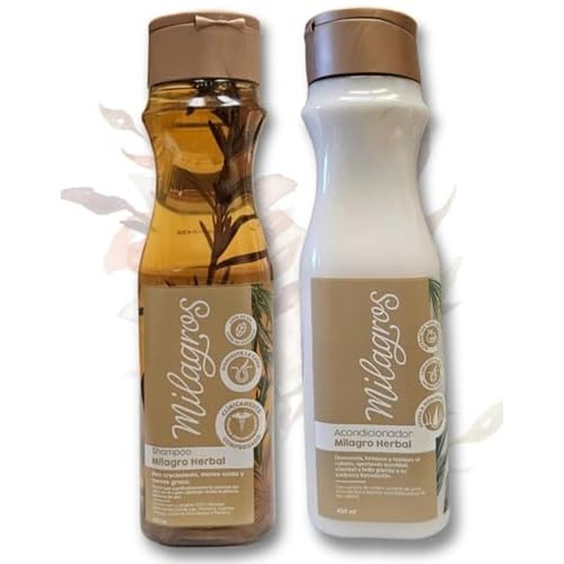 Milagros Shampoo y Acondicionador Herbal - Romero, Jengibre y Arroz 100% natural | Combate caida del cabello y promueve su crecimiento.