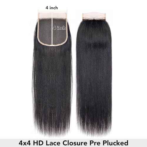 4x4 Lace Closure Hd Transparent Straight Frontal Closure 12A Virgin Remy Human Hair Pre Plucked 16 Inch Natural Black Color