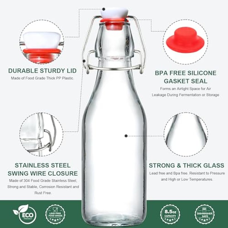 16 Pack 8.5oz Flip Top Glass Bottles, Swing Top Beer Brewing Bottle for 2nd Fermentation, Kombucha, Kefir, Vanilla Extract, Coquito, Juice, Tea - Airtight Stopper Cap Lid, Bonus 4 Bottle Pourers