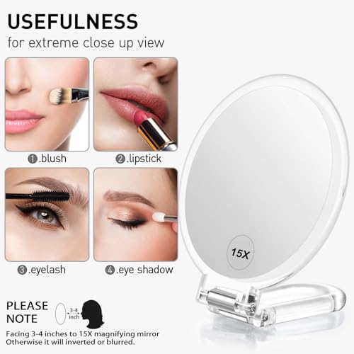 LFOYOU Magnifying Handheld Mirror Double Sided, 1X 15X Magnification Hand Mirror, Travel Folding Held Adjustable Rotation Pedestal Makeup Desk Vanity Mirror