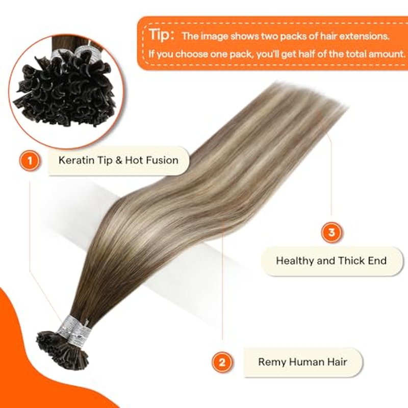 Full Shine U Tip Hair Extensions Human Hair 24 Inch Medium Brown Fading to Honey Blonde Highlighted Ash Brown K Tip Hair Extensions Real Human Hair 50 Grams Prebonded Fusion Extensions add Length