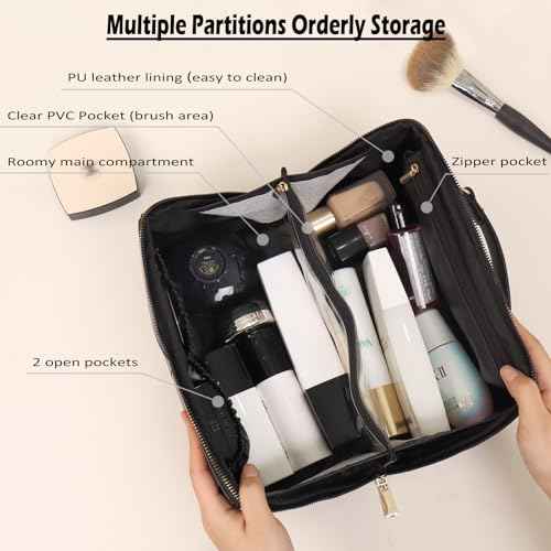 IMCUZUR Travel Makeup Bag Large Cosmetic Bag for Women, Open Flat Make up Bag Portable Skincare Bag with Handle (Black)