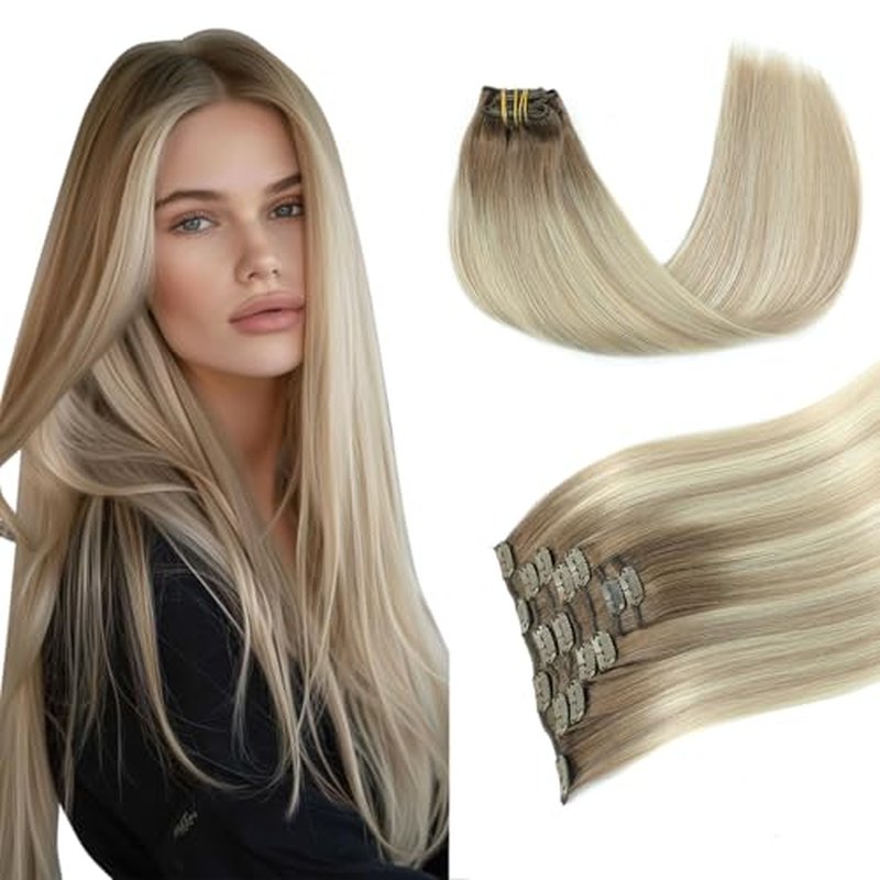 PINKPEARL Clip in Hair Extensions Real Human Hair, 16 Inch 120g 7pcs Human Hair Extensions Clip In, #8/60/18 Balayage Ash Brown to Platinum Blonde and Ash Blonde(#8/60/18-16)