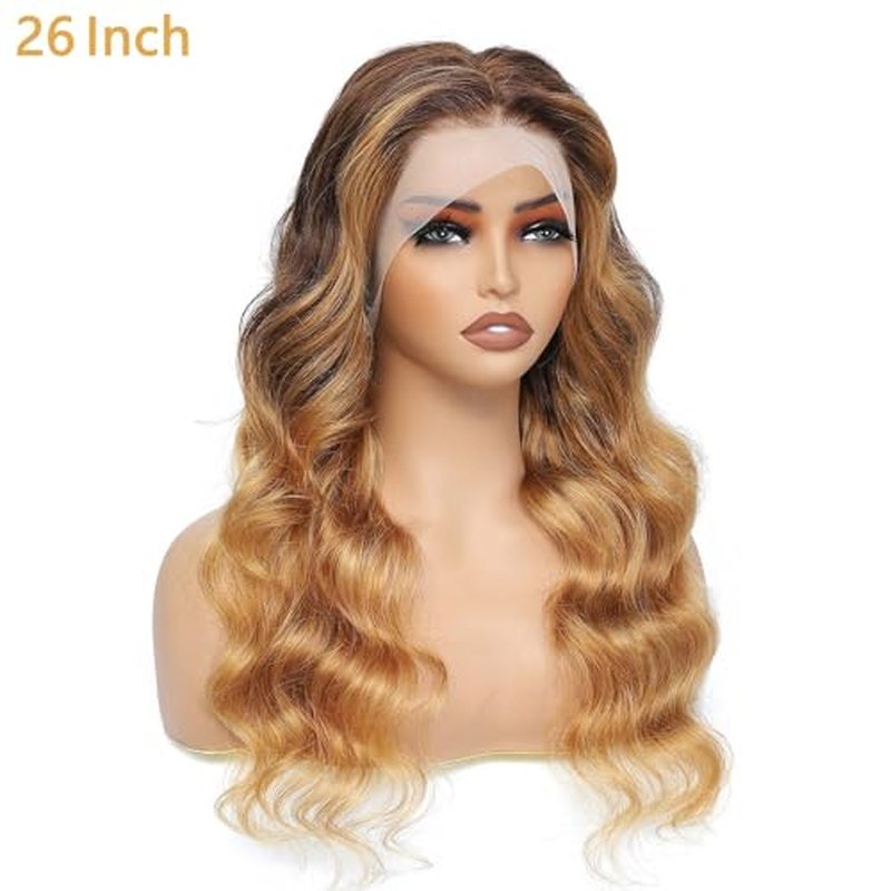 SUPER STYLE 28 Inch Ombre 4/27 Honey Blonde Body Wave 13x4 Lace Frontal Wig Human Hair Wigs Pre Plucked with Baby Hair for Women