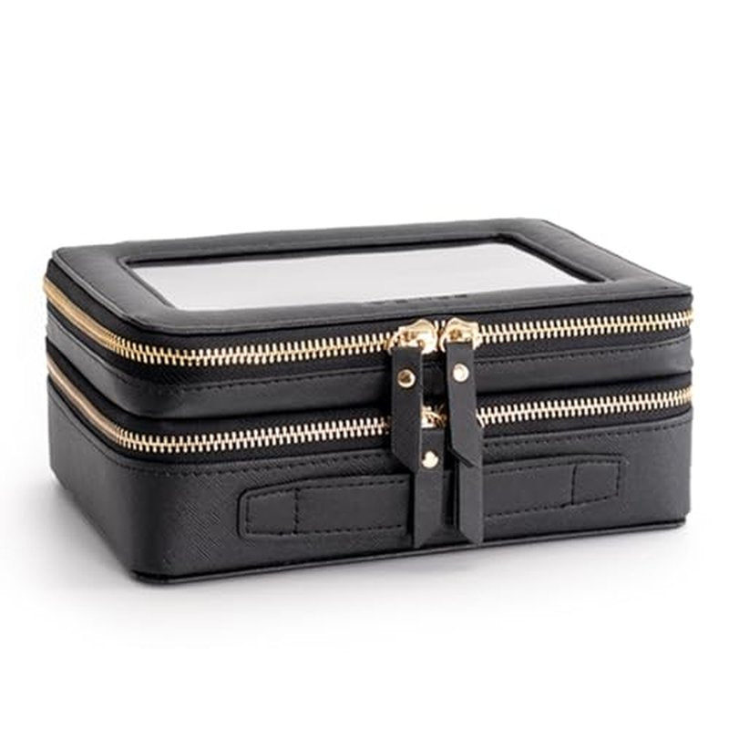 Aveniee XL Clear Makeup Organizer,Double Layer Travel Cosmetic Case with Brush Holder & Zippered Compartments,Big Toiletry Bag for Travel Accessories,2 Layers Large,Black