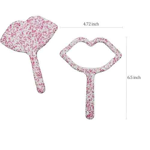 Rhinestone Mirror Handheld Lip Lash Mirrors Sparkle Travel Makeup Mirror with Handle Cosmetic Dazzling Portable for Women, Pink