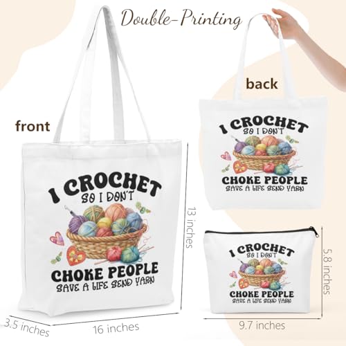 Crochet Knitting Supplies Canvas Tote Bag Makeup Bag Set, Crochet Accessories Gifts for Women Grocery Cosmetic Bags