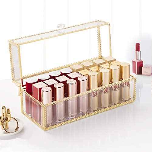 FSyueyun Glass Lipstick Organizer Holder with 24 Slot, Dust Free Vanity Lip Gloss Lipstick Eye Liner Makeup Display Cases Decoration for Dresser Countertop