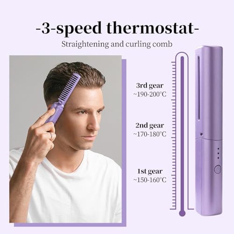 Ceramic Hairdressing Comb Smooth, 2025 New Hairdressing Comb for Straight and Curly Hairs, Upgrade Portable Wireless 2-in-1 Hairs Dressing Combs Fast Heating 3 Adjustable Temperatures (Purple)