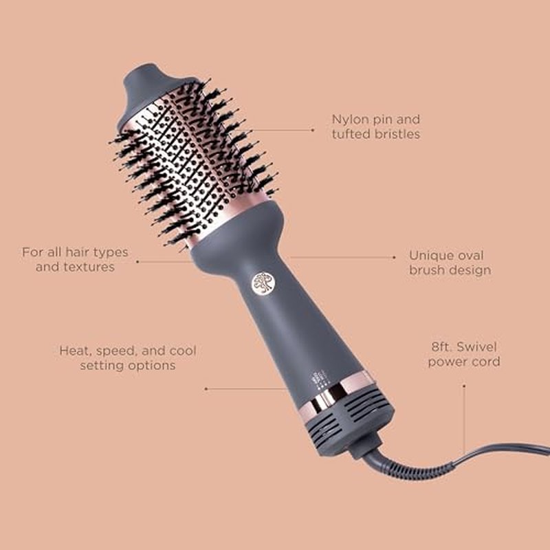 Hairitage Volumizing One Step Blow Dry Brush + Hair Dryer for Curling + Straightening - Ceramic Tourmaline Blowout Brush + Volumizer - Hair Styler for Smooth Shiny, Frizz-Free Styles - Matte Grey