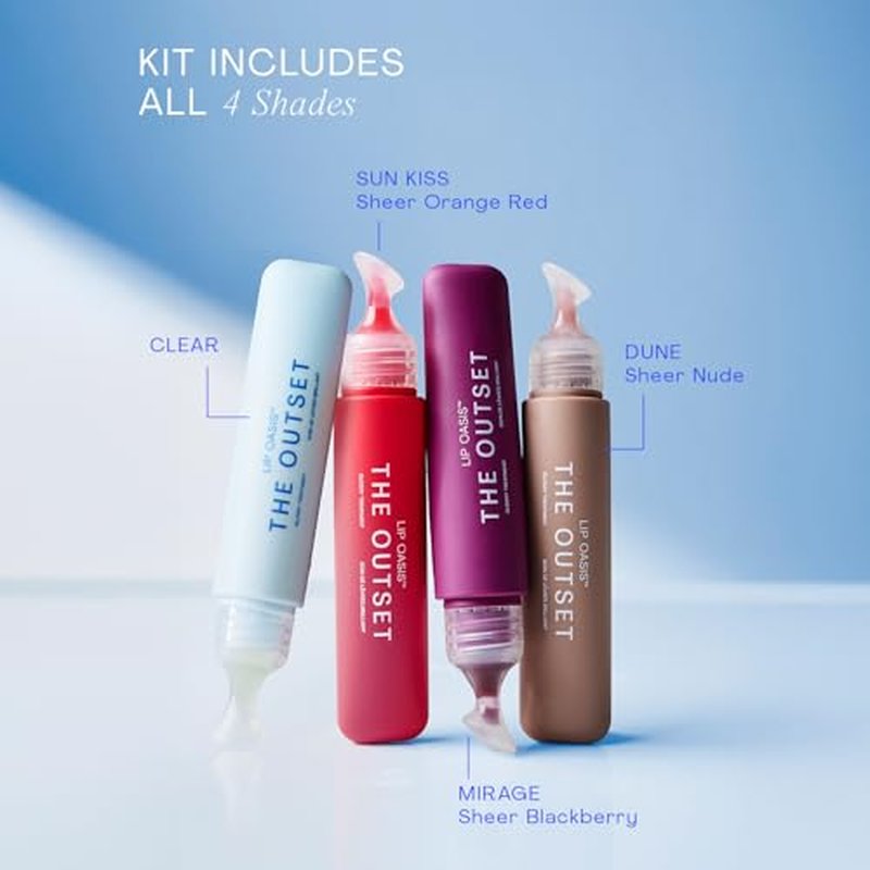 The Outset Lip Oasis Glossy Treatment Set ? 4 Shades (Clear, Mirage, Sun Kiss & Dune) ? Hydrating, Plumping & Non-Sticky Shine ? Vegan, Gluten-Free, Clean Beauty