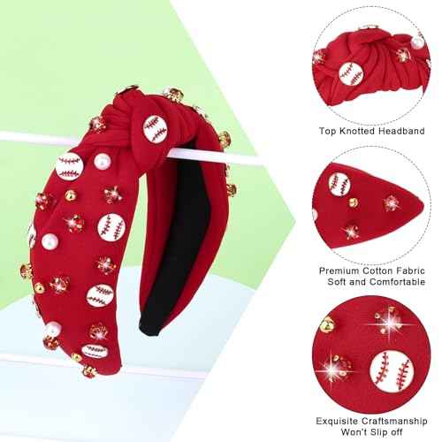 YARIEW Baseball Top Knot Headband for Women & Girls - Wide Knotted Jeweled Accessory for Game Day, Sports Fan, Mom, Halloween & Christmas Gifts (Red)