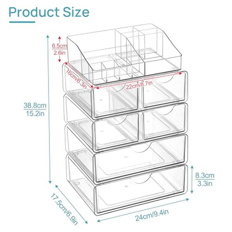 Vtopmart 5 Tier Clear Makeup Organizer with Drawer, Cosmetic Storage for Dresser Countertop and Bathroom Vanity, Beauty Holder for Lipstick Brush Skincare