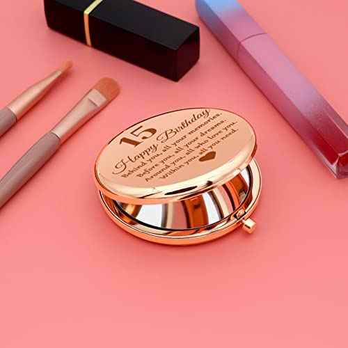 15th Birthday Compact Makeup Mirror, Round Stainless Steel Mirror with Tabletop Mount, Portable and Lightweight, Ideal for Travel and Daily Use