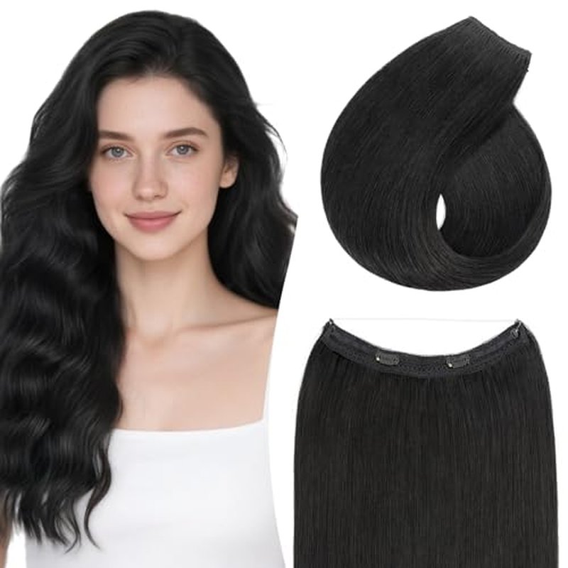 TESS Human Hair Extensions Halo Remy Hair 20 Inch Straight Adjustable Invisible Wire Easy to Use Clip in, Dark Black