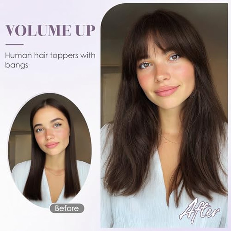 Hair Toppers for Women Real Human Hair 14 Inch Long Straight Toppers for Women with Thinning 7 * 13CM Silk Base Clip in Hairpieces with Bangs (Medium Brown)