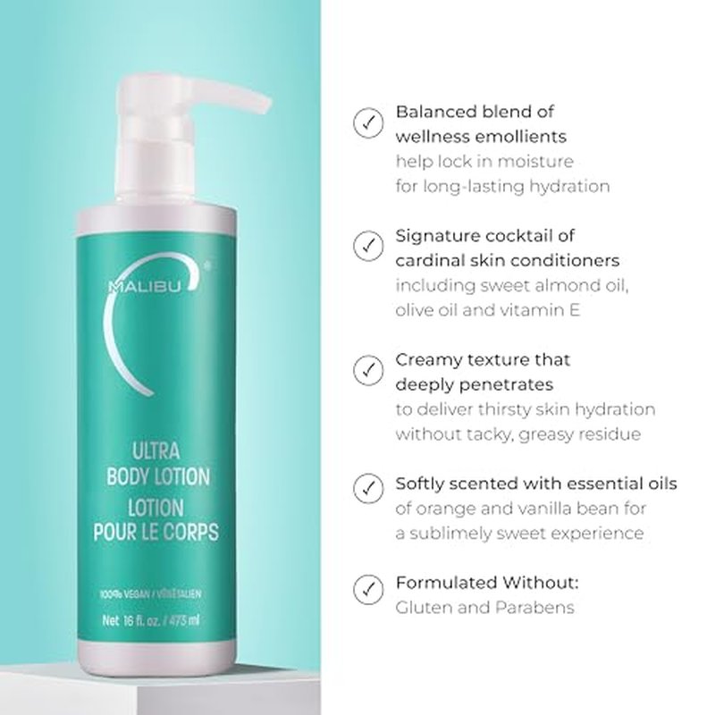 Malibu C Ultra Body Lotion - Hydrating Lotion for Extremely Dry Skin - Delivers Weightless Moisture & Radiant Glow - Safe for All Skin Types (16 fl oz)