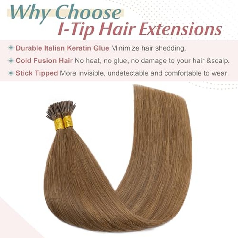 SEGO I Tip Hair Extensions Human Hair Keratin Pre Bonded MicroBeads Tip Balayage Natural Silky Straight Extensions 100 Strands 50g/Pack -18 Inch Light Brown