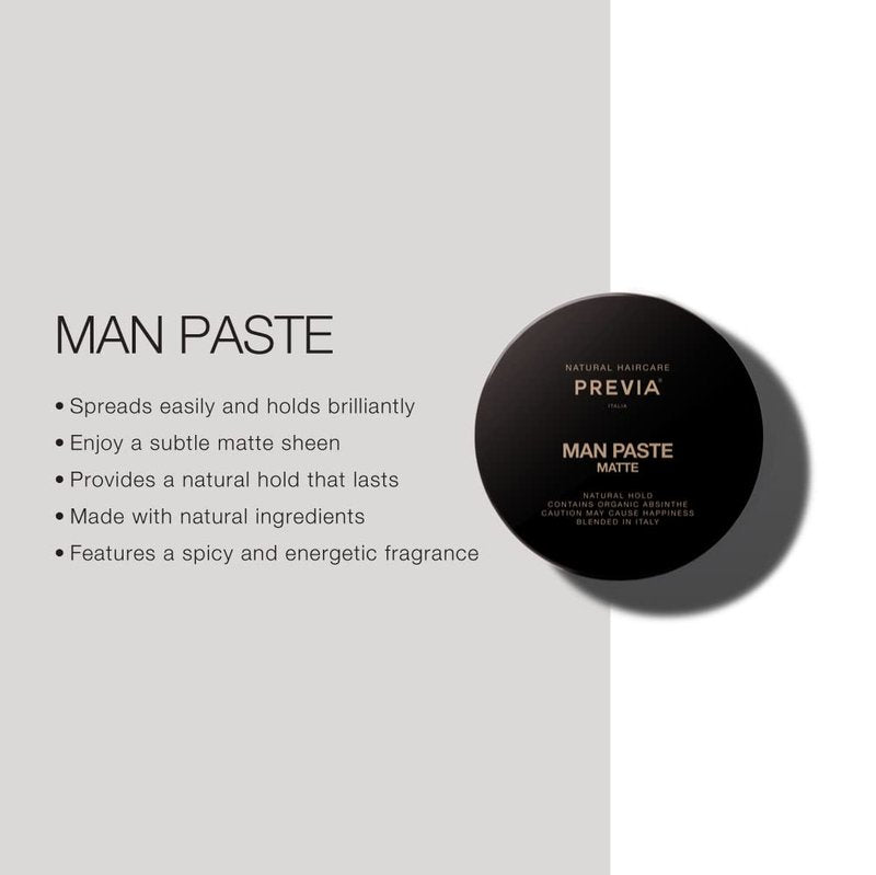 PREVIA Man Paste - Matte Hair Styling Paste for Natural Hold and Texture | Molding Hair Paste for Short or Long Hair | Vegan Gluten-Free Sulfate-Free Hair Styling Solution (3.38 oz)