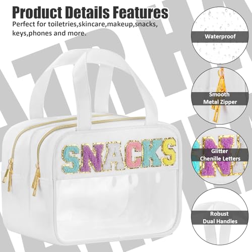 Chenille Letter Clear Makeup Bags Snacks Bag for Travel, Preppy Patch Nylon Cosmetic Pouch with Handles and Zipper, Waterproof Large Clear Travel Toiletry Purse Storage for Women White