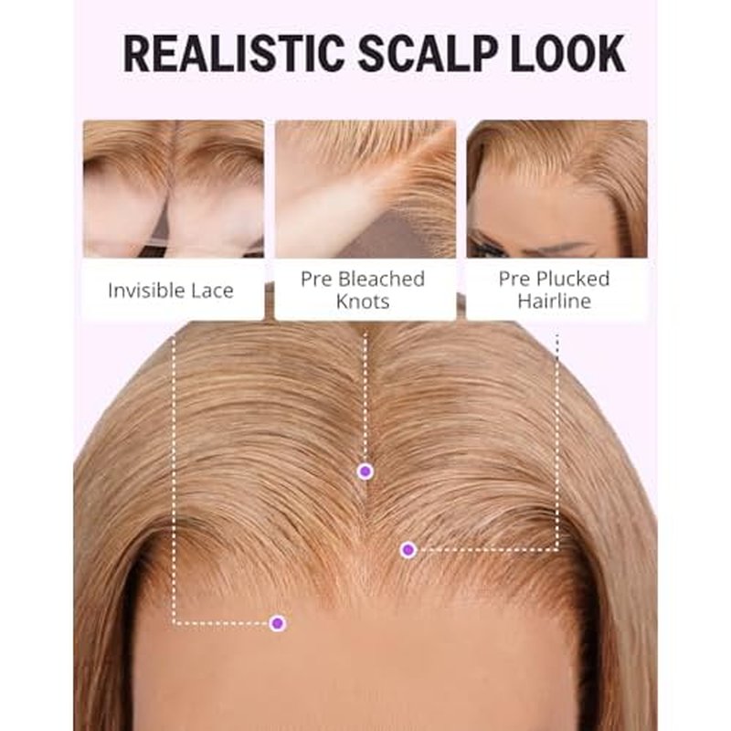 Straight Bob Wig Human Hair 13x4 Frontal Lace Wig 10 Inch Light Brown Blonde Wig 210% Density HD Lace Front Wigs Human Hair Pre Plucked Milk Tea Brown Short Bob Wigs Blunt Cut Wig