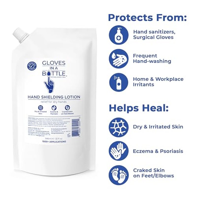 Gloves In A Bottle 32 oz Refill Pouch ? Unscented Shielding Lotion | Fast Relief for Dry, Cracked Skin & Eczema | Non-Toxic, Hypoallergenic, Fragrance-Free Hand & Body Moisturizer ? Bulk Size