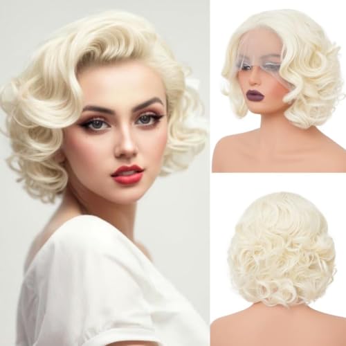 Blonde Short Curly Lace Front Wig for Women Platinum Synthetic Hair Natural Hairline Wigs for Cosplay Daily Party Use