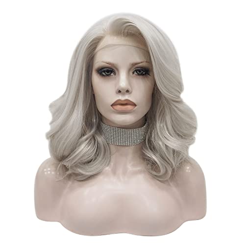 IMSTYLE Silver Grey Lace Front Wigs Short Bob Wavy Gray Wig for Women Drag Queen Cosplay Party (Silver Grey)