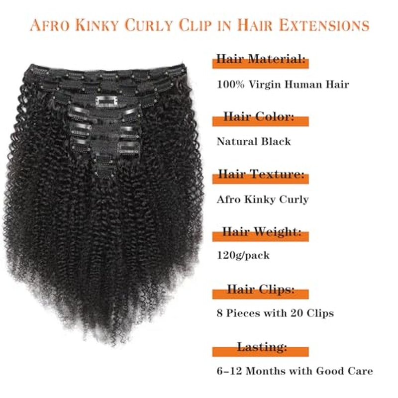 Afro Kinky Curly Clip in Human Hair 8pcs 240g/set 10A Brazilian Virgin Natural Hair Clip Ins Hair Extensions for Black Women Natural Black Color 20 Inch